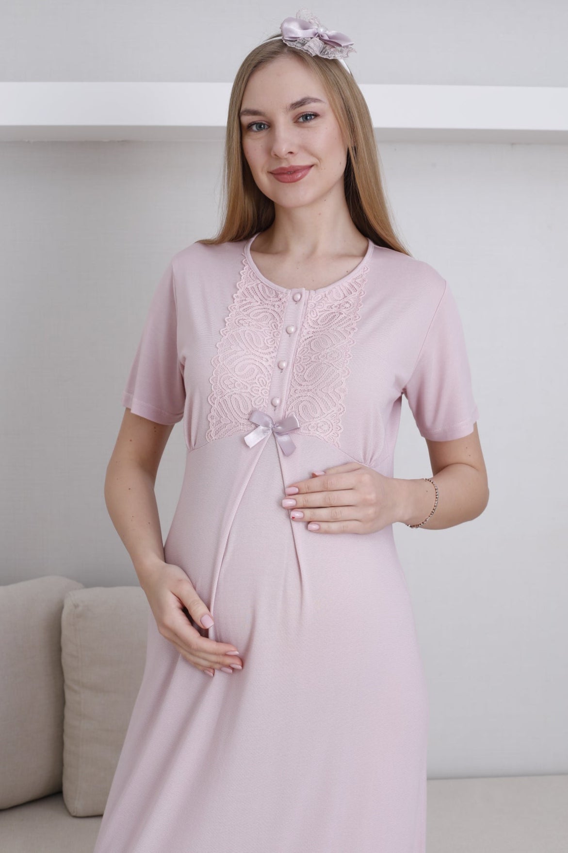 Lace Collar Maternity Feeding-Friendly Nightgown & Lace Sleeve Robe Set Powder - Z2291