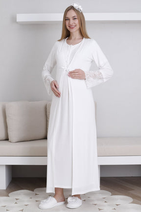 Lace Collar Maternity-Nursing Nightgown & Lace Sleeve Robe Set Ecru - 2291