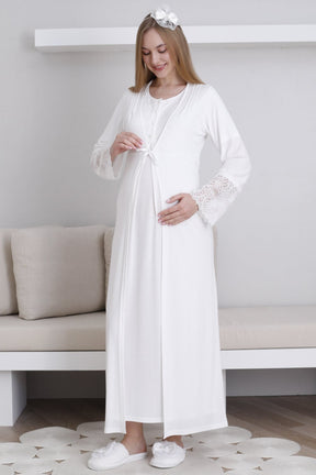 Lace Collar Maternity-Nursing Nightgown & Lace Sleeve Robe Set Ecru - 2291