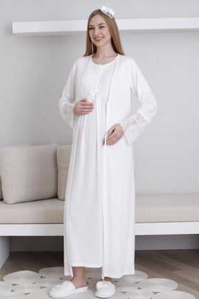 Lace Collar Maternity-Nursing Nightgown & Lace Sleeve Robe Set Ecru - 2291
