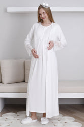 Lace Collar Maternity-Nursing Nightgown & Lace Sleeve Robe Set Ecru - 2291