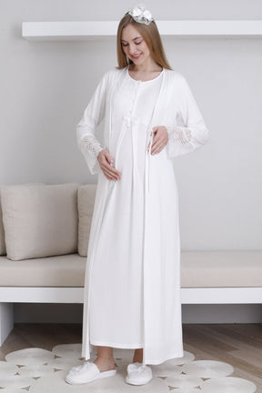 Lace Collar Maternity-Nursing Nightgown & Lace Sleeve Robe Set Ecru - 2291