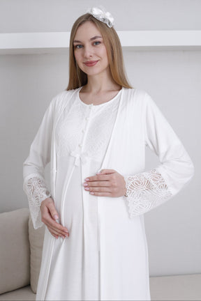 Lace Collar Maternity-Nursing Nightgown & Lace Sleeve Robe Set Ecru - 2291