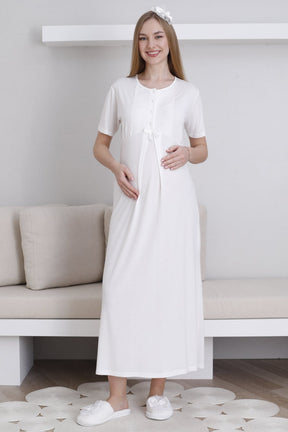 Lace Collar Maternity-Nursing Nightgown & Lace Sleeve Robe Set Ecru - 2291
