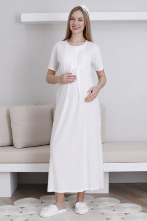 Lace Collar Maternity-Nursing Nightgown & Lace Sleeve Robe Set Ecru - 2291