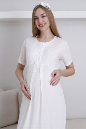 Lace Collar Maternity-Nursing Nightgown & Lace Sleeve Robe Set Ecru - 2291