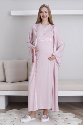 Lace Sleeve Maternity-Nursing Nightgown & Robe Set Powder - 2293