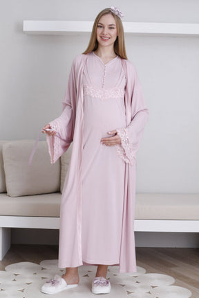 Lace Sleeve Maternity-Nursing Nightgown & Robe Set Powder - 2293
