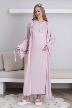 Lace Sleeve Maternity-Nursing Nightgown & Robe Set Powder - 2293
