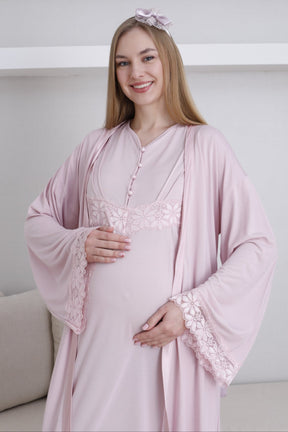 Lace Sleeve Maternity-Nursing Nightgown & Robe Set Powder - 2293