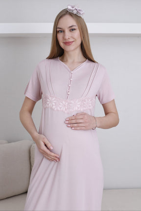 Lace Sleeve Maternity-Nursing Nightgown & Robe Set Powder - 2293