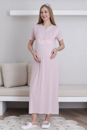 Lace Sleeve Maternity-Nursing Nightgown & Robe Set Powder - 2293