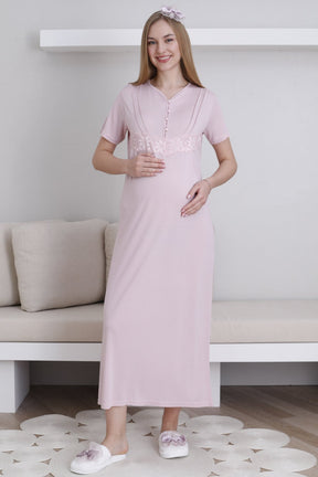 Lace Sleeve Maternity-Nursing Nightgown & Robe Set Powder - 2293
