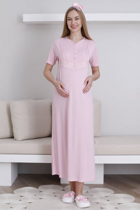 Lace Sleeve Maternity-Nursing Nightgown & Robe Set Pink - 2293