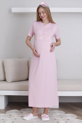 Lace Sleeve Maternity-Nursing Nightgown & Robe Set Pink - 2293