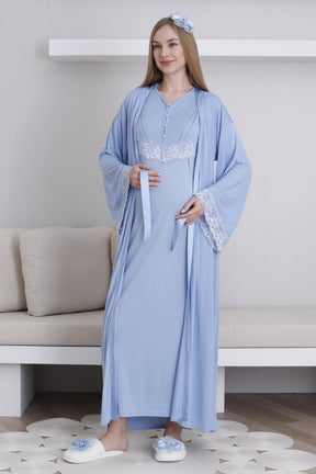 Lace Sleeve Maternity-Nursing Nightgown & Robe Set Blue - 2293