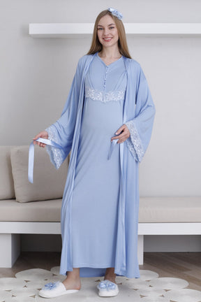 Lace Sleeve Maternity-Nursing Nightgown & Robe Set Blue - 2293