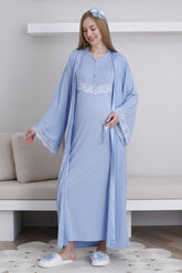 Lace Sleeve Maternity-Nursing Nightgown & Robe Set Blue - 2293