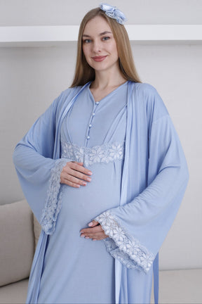 Lace Sleeve Maternity-Nursing Nightgown & Robe Set Blue - 2293