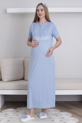 Lace Sleeve Maternity-Nursing Nightgown & Robe Set Blue - 2293