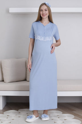Lace Sleeve Maternity-Nursing Nightgown & Robe Set Blue - 2293