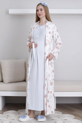 Lace Collar Maternity-Nursing Nightgown & Patterned Robe Set Blue - 2294