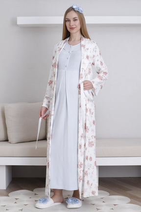 Lace Collar Maternity-Nursing Nightgown & Patterned Robe Set Blue - 2294