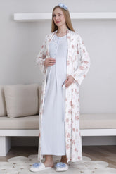 Lace Collar Maternity-Nursing Nightgown & Patterned Robe Set Blue - 2294
