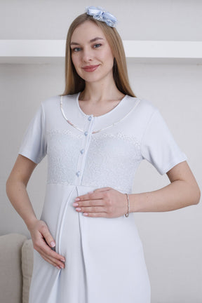 Lace Collar Maternity-Nursing Nightgown & Patterned Robe Set Blue - 2294