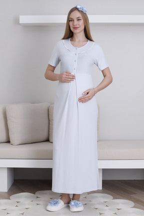 Lace Collar Maternity-Nursing Nightgown & Patterned Robe Set Blue - 2294