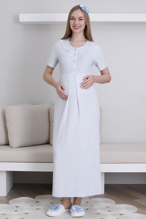 Lace Collar Maternity-Nursing Nightgown & Patterned Robe Set Blue - 2294
