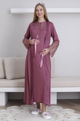 Lace Collar Maternity-Nursing Nightgown & Lace Sleeve Robe Set Cherry - 2296