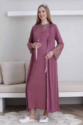 Lace Collar Maternity-Nursing Nightgown & Lace Sleeve Robe Set Cherry - 2296