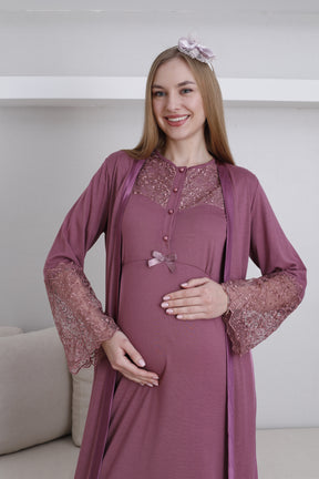 Lace Collar Maternity-Nursing Nightgown & Lace Sleeve Robe Set Cherry - 2296