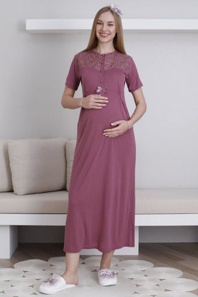 Lace Collar Maternity-Nursing Nightgown & Lace Sleeve Robe Set Cherry - 2296