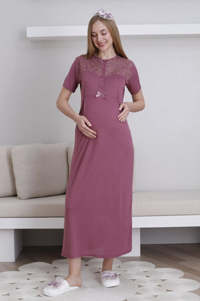 Lace Collar Maternity-Nursing Nightgown & Lace Sleeve Robe Set Cherry - 2296
