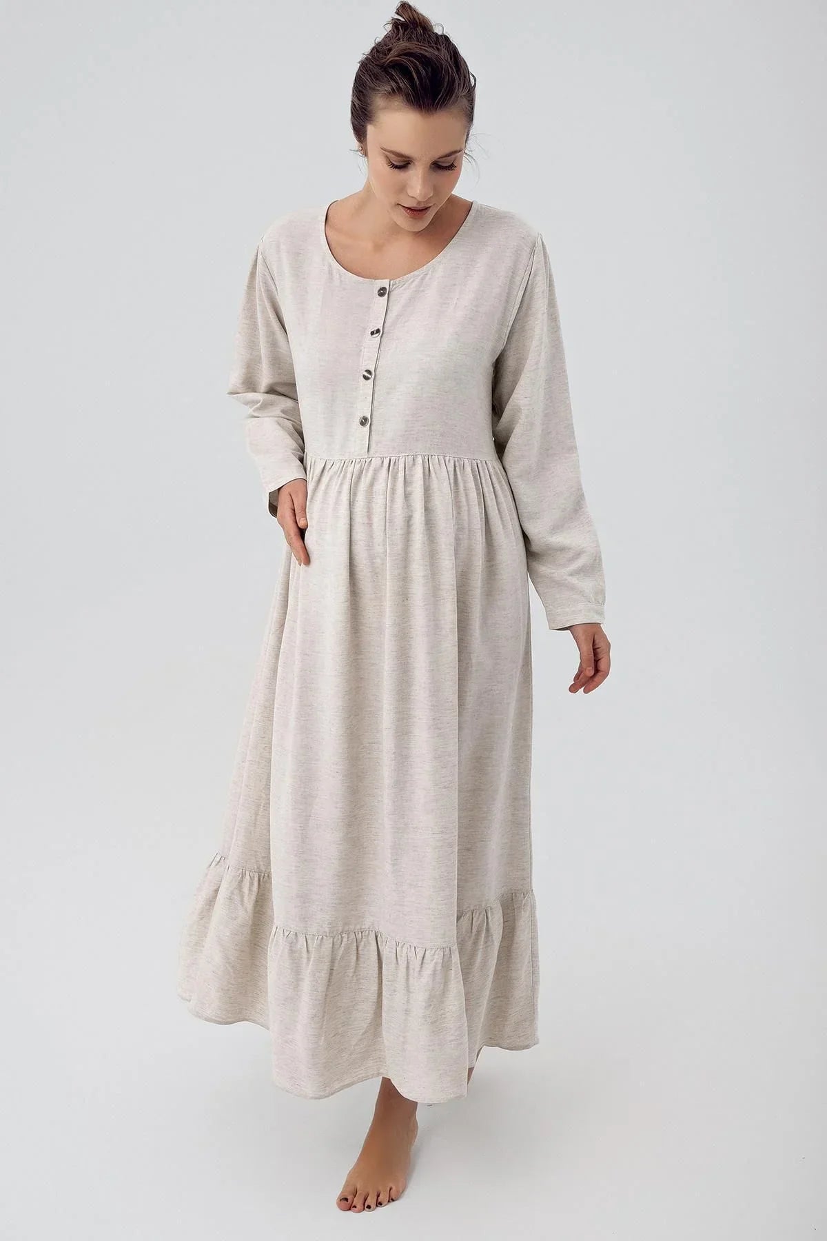 Linen Buttoned Maternity & Nursing Nightgown Beige - K104