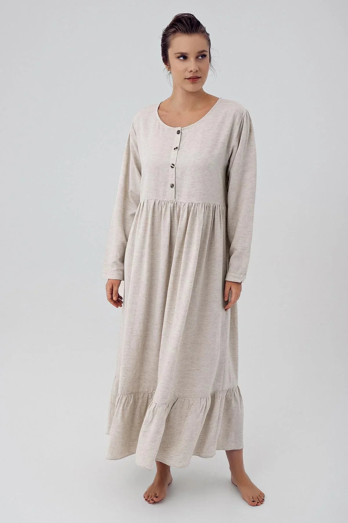 Linen Buttoned Maternity & Nursing Nightgown Beige - K104