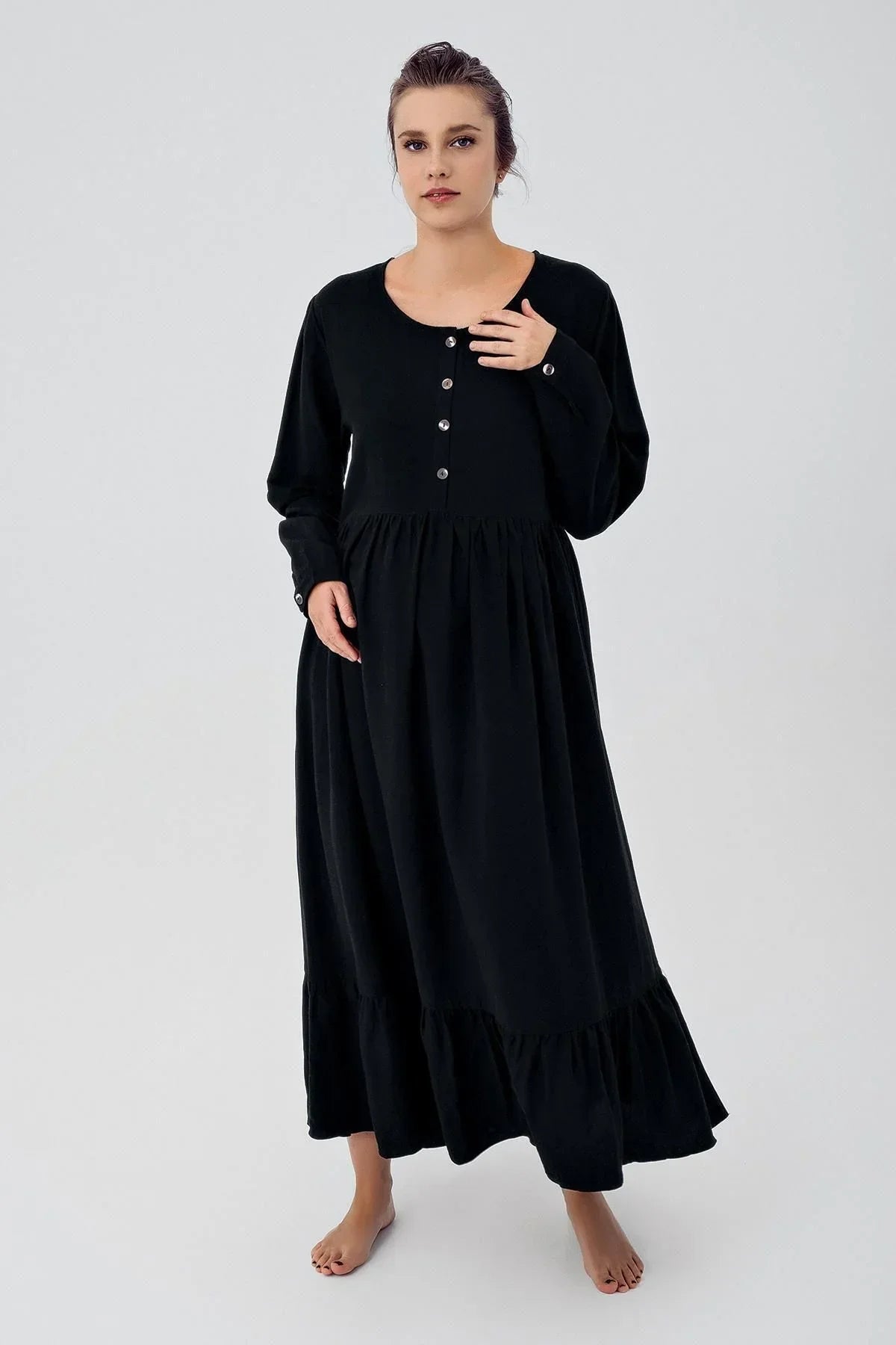 Linen Buttoned Maternity & Nursing Nightgown Black - K104