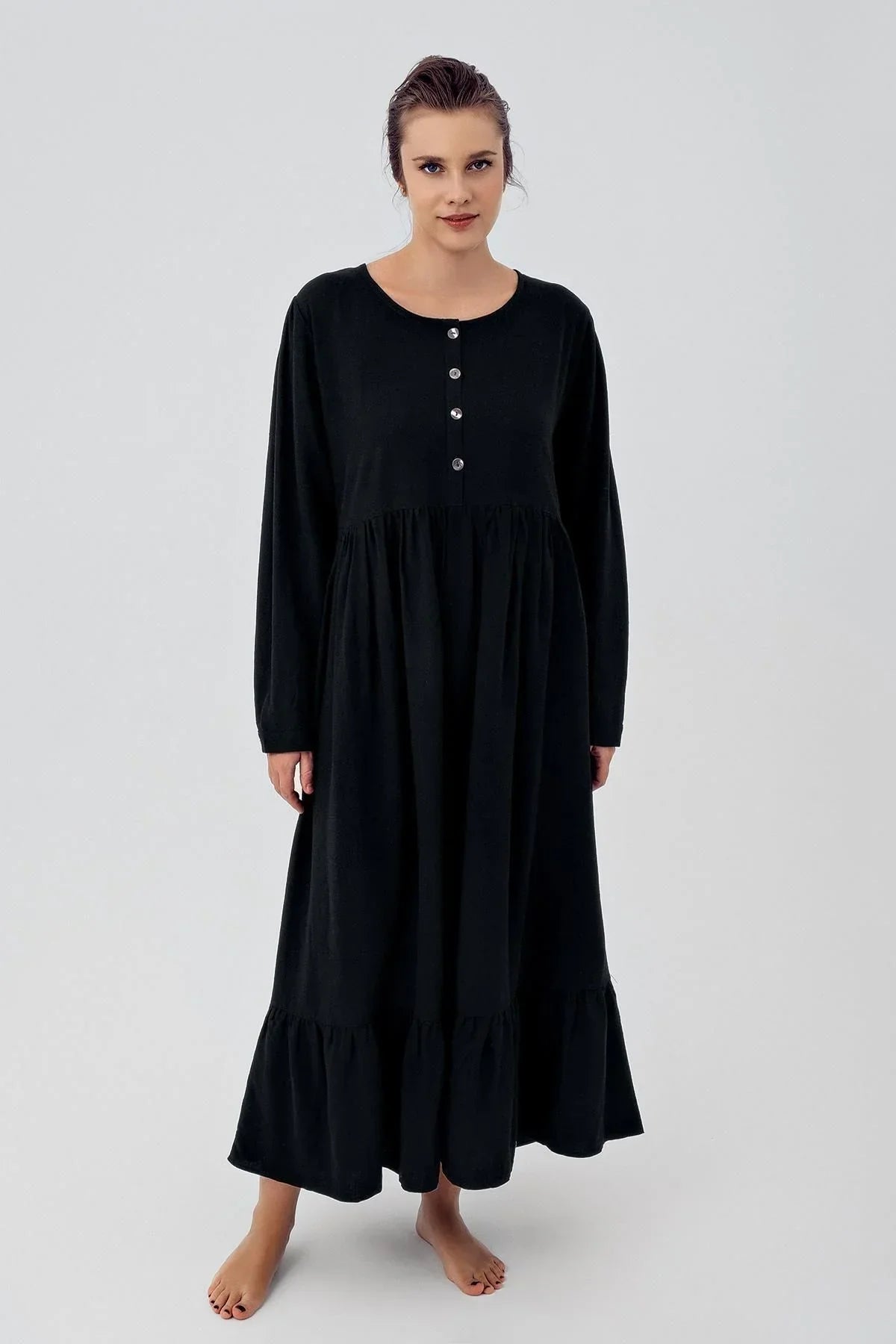 Linen Buttoned Maternity & Nursing Nightgown Black - K104