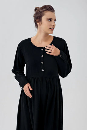 Linen Buttoned Maternity & Nursing Nightgown Black - K104