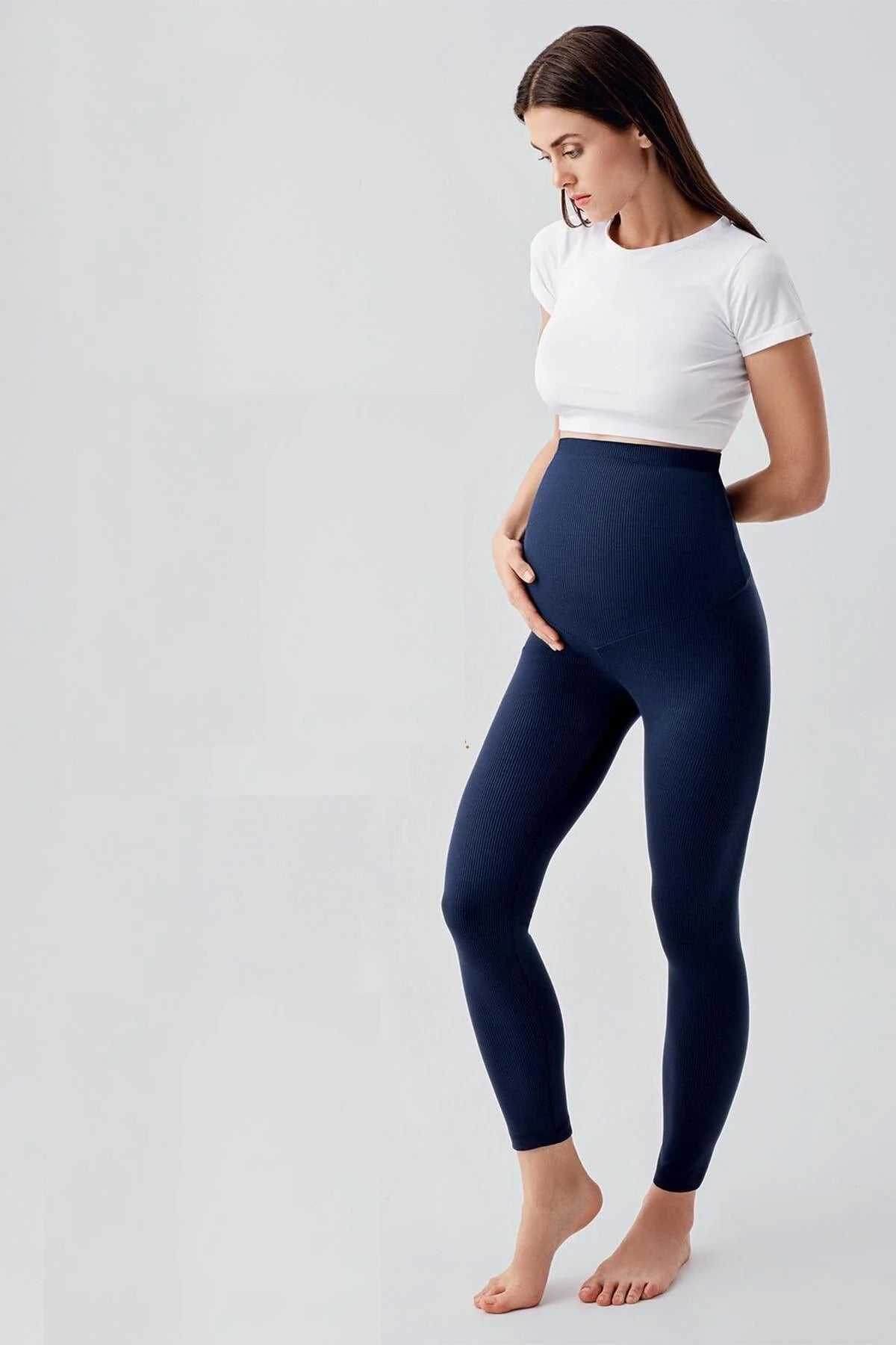 Ribbed Thermal Fleece-Lined Adjustable Waist Maternity Leggings Navy Blue - LF9206