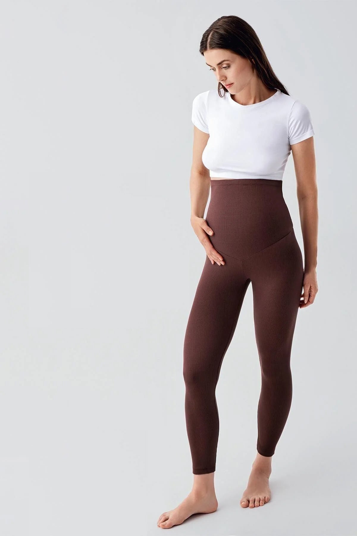 Ribbed Thermal Fleece-Lined Adjustable Waist Maternity Leggings Coffee - LF9206