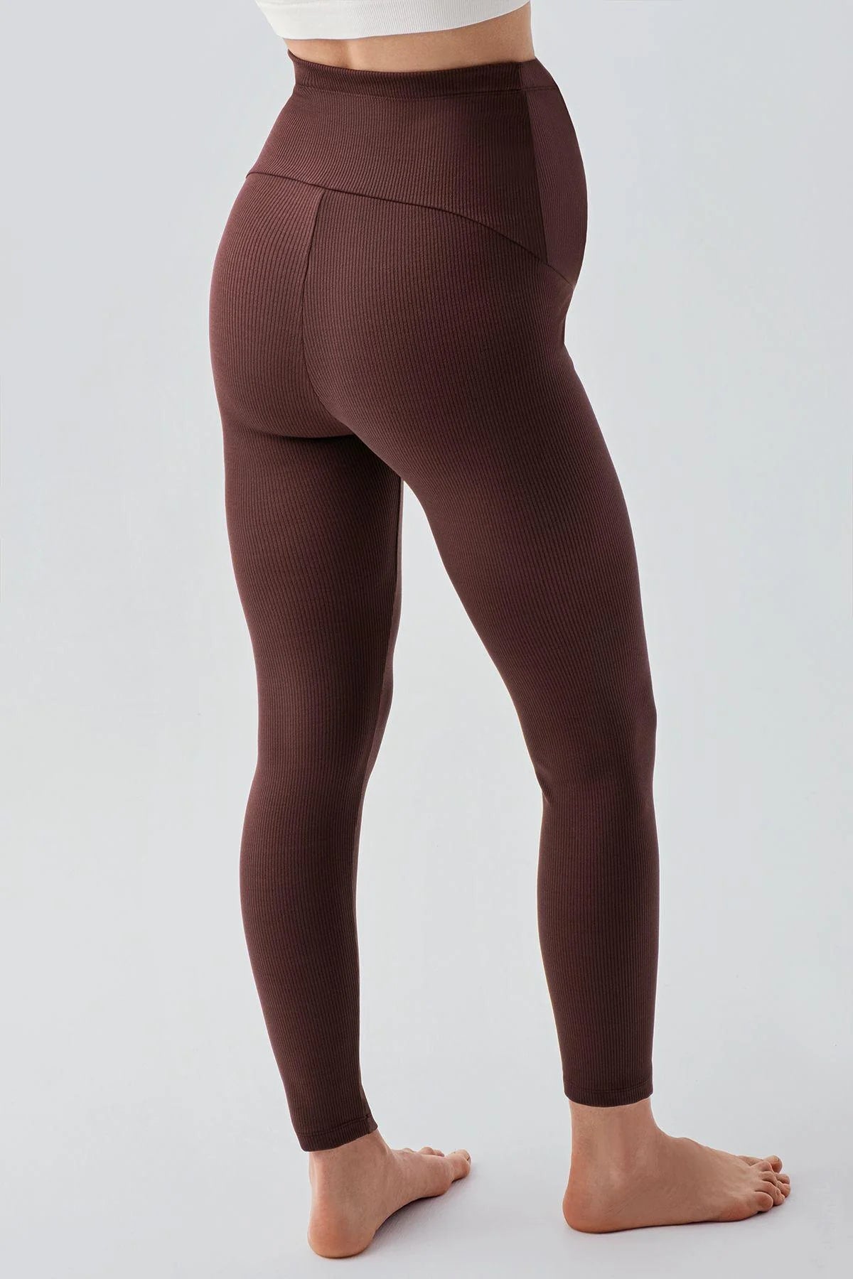 Ribbed Thermal Fleece-Lined Adjustable Waist Maternity Leggings Coffee - LF9206