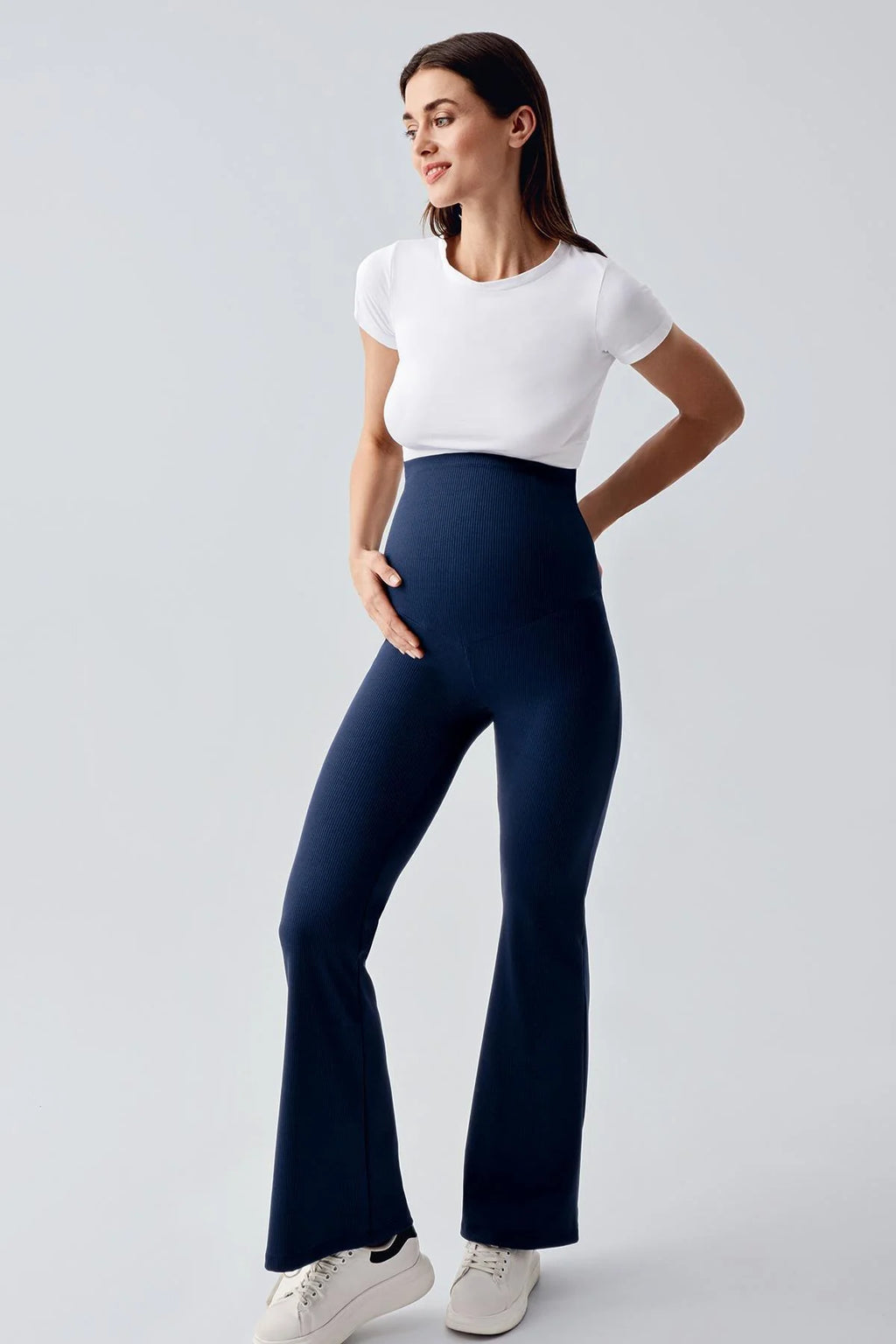 Flared Ribbed High-Waist Stretch Supportive Maternity Leggings Navy Blue - LF9209