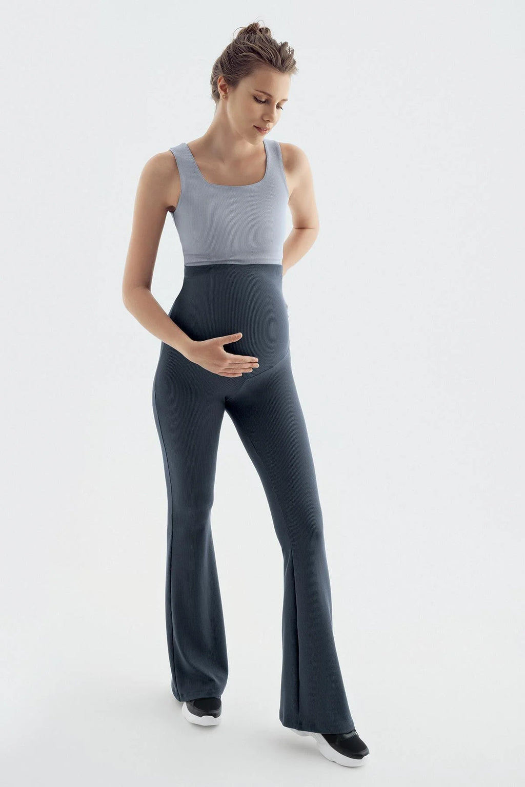 Flared Ribbed High-Waist Stretch Supportive Maternity Leggings Anthracite - LF9209