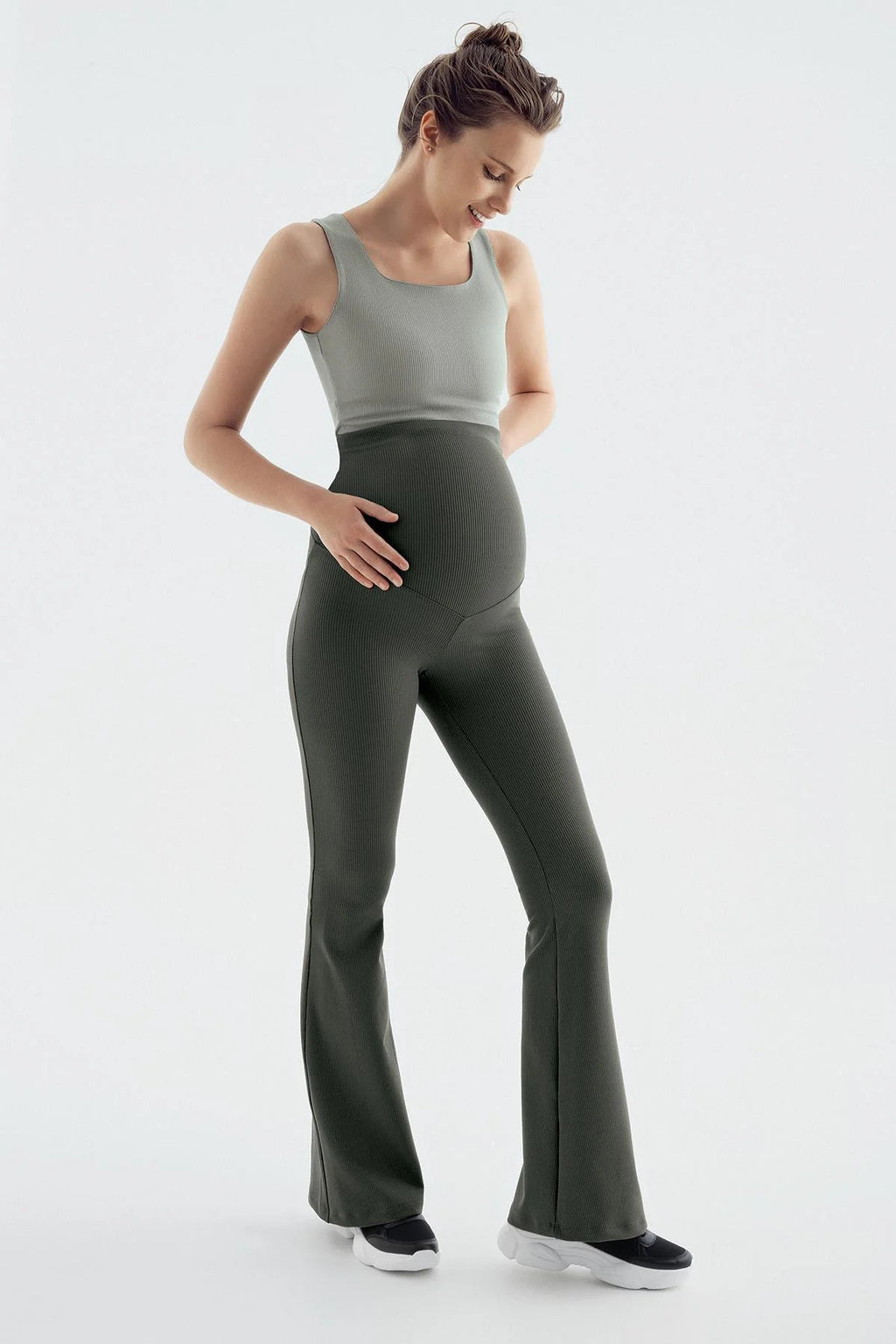 Flared Ribbed High-Waist Stretch Supportive Maternity Leggings Khaki - LF9209