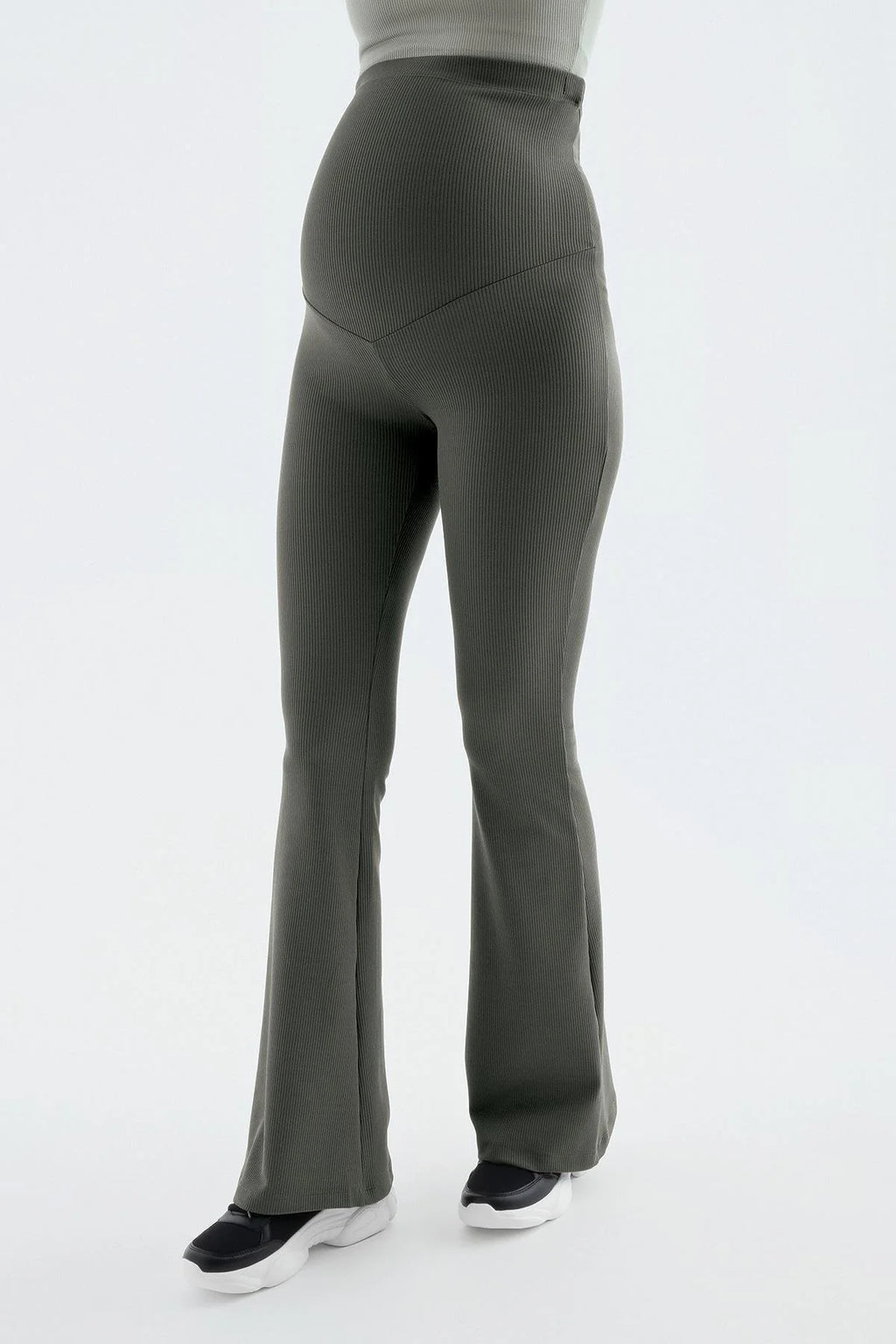 Flared Ribbed High-Waist Stretch Supportive Maternity Leggings Khaki - LF9209