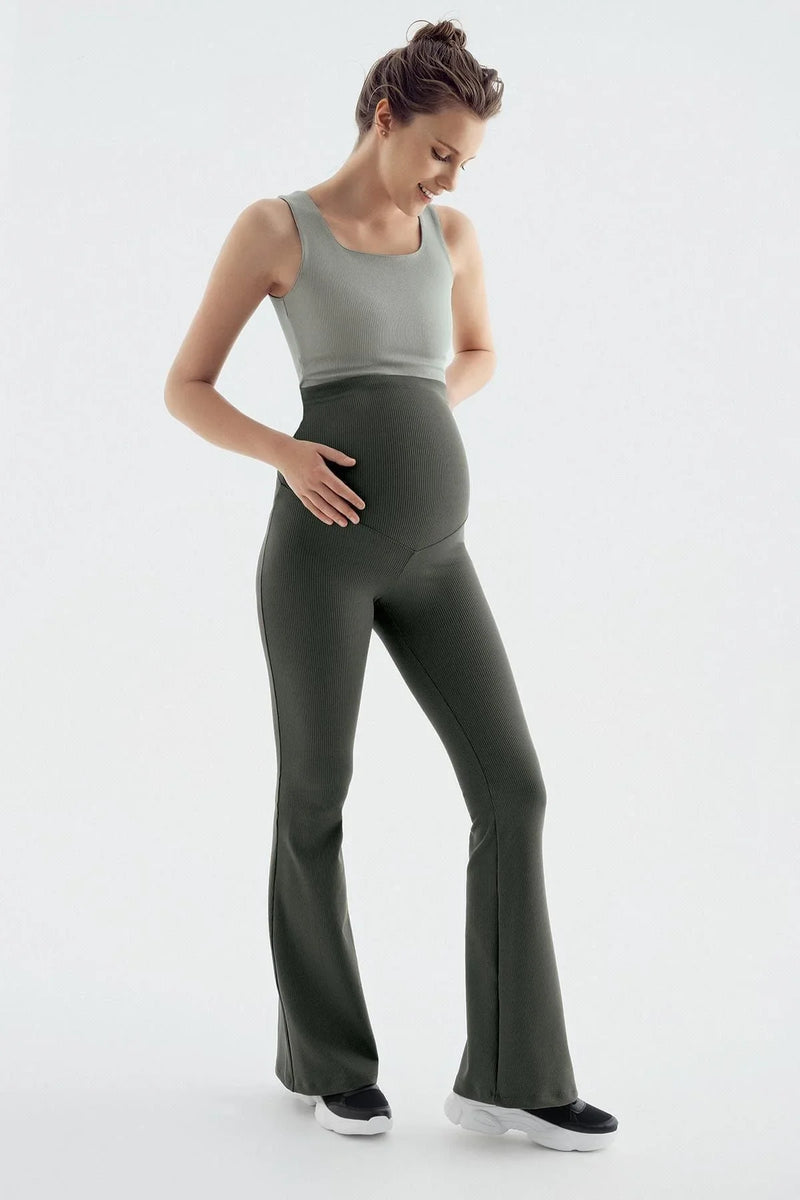 Flared Ribbed High-Waist Stretch Supportive Maternity Leggings Mink - LF9209