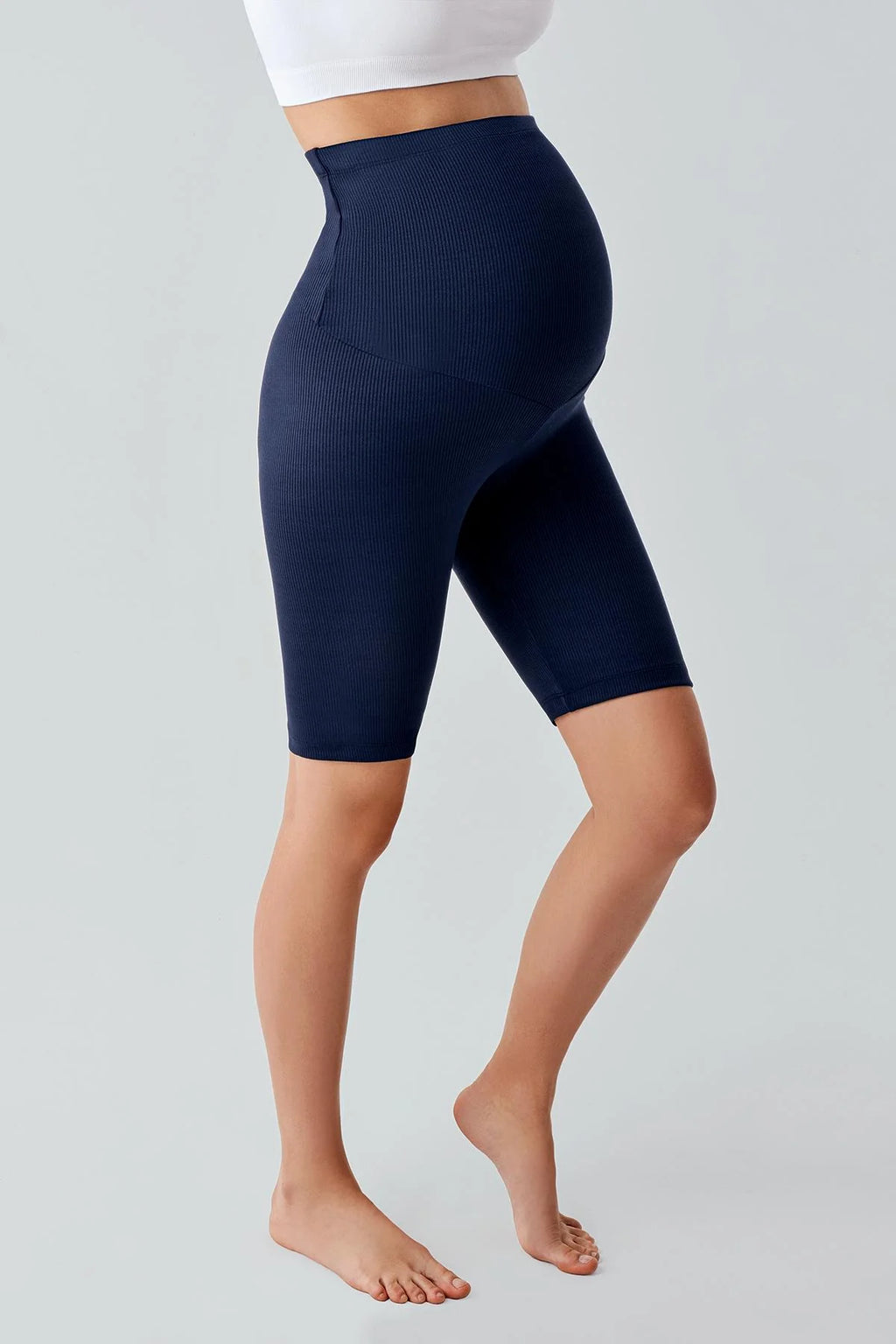 Ribbed Biker Flexible Adjustable Waist Maternity Shorts Leggings Navy Blue - LF9213